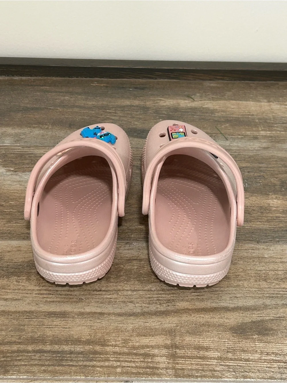 Crocs C12 Kids Light Pink Shimmer Slip-On Clog Shoes Decorative Charms